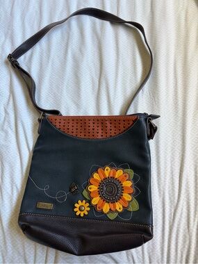 Chala Blue Shoulder Bag with Orange & Yellow Flower Applique